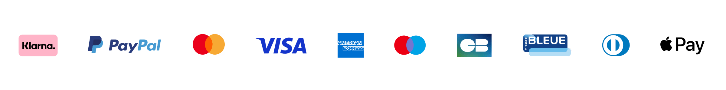 Payment logos_Klarna, Paypal, Mastercard, Visa, Amex, Maestro, Cartes Bancaires, Carte Bleue, Diners - RATIO 8x1